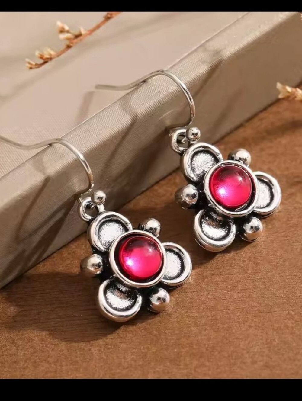 Silver Flower Earrings Women's Dangle with Pink Cabochon New G34